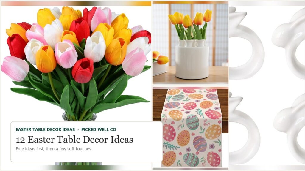 Easter table with tulips in a vase, a linen runner and rabbit napkin rings