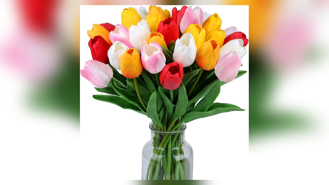 15 faux real touch tulips in assorted colors for an Easter centerpiece