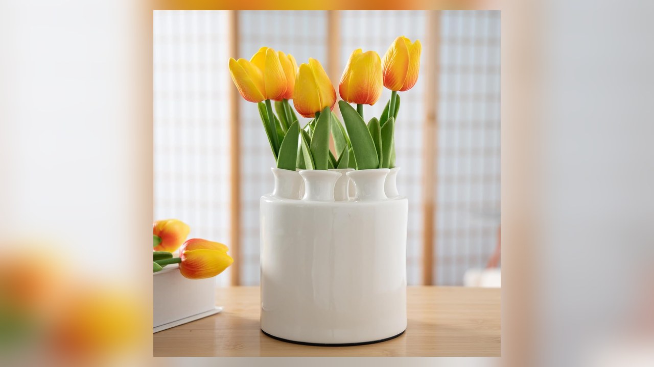 large ceramic cylinder vase with 7 flower openings