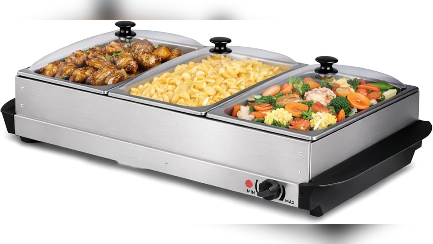 Electric buffet server keeping three hot dishes warm under lids