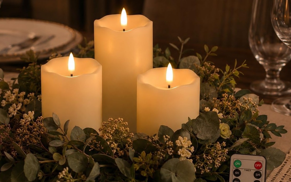 three ivory flameless LED pillar candles in a greenery centerpiece