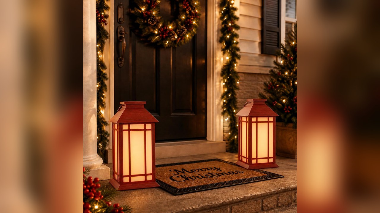 Two red battery lanterns glowing on porch steps