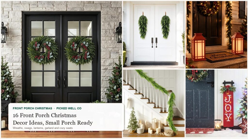 Collage of 17 front porch christmas decor: velvet bows, ribbon, ornaments, dried orange garland and floral stems on decorated Christmas trees