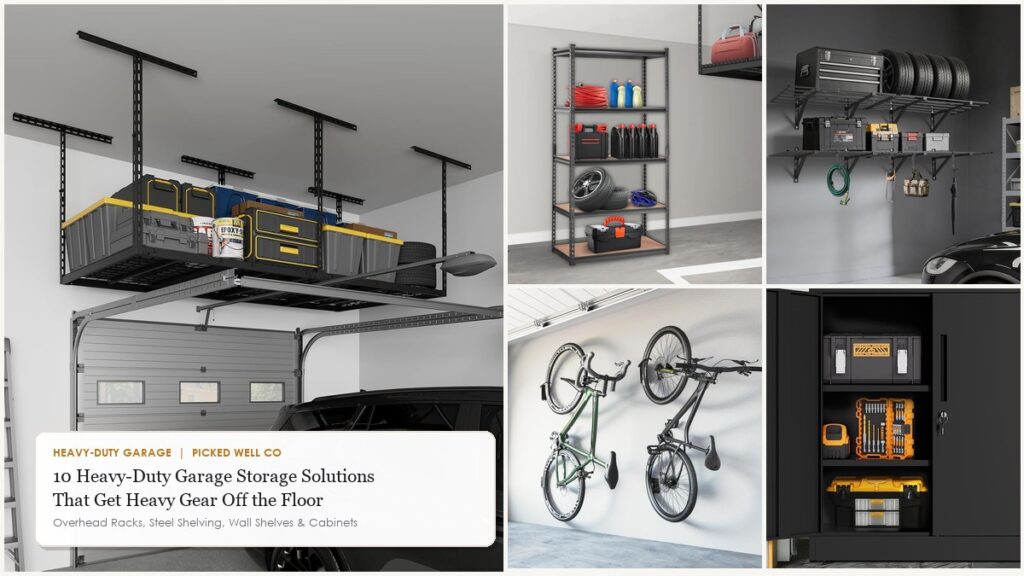 Garage storage solutions collage: overhead rack, steel shelving, bike mount, wall shelves and locking cabinet