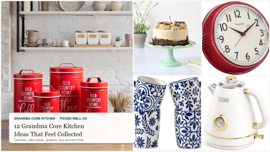 Collage of 12 grandma core kitchen ideas: red canisters, jadeite cake stand, blue and white mugs, retro clock and kettle