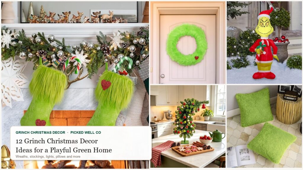 Collage of 12 grinch christmas decor ideas: green stockings, a furry wreath, a Grinch inflatable, a green throw and a bendable mini tree