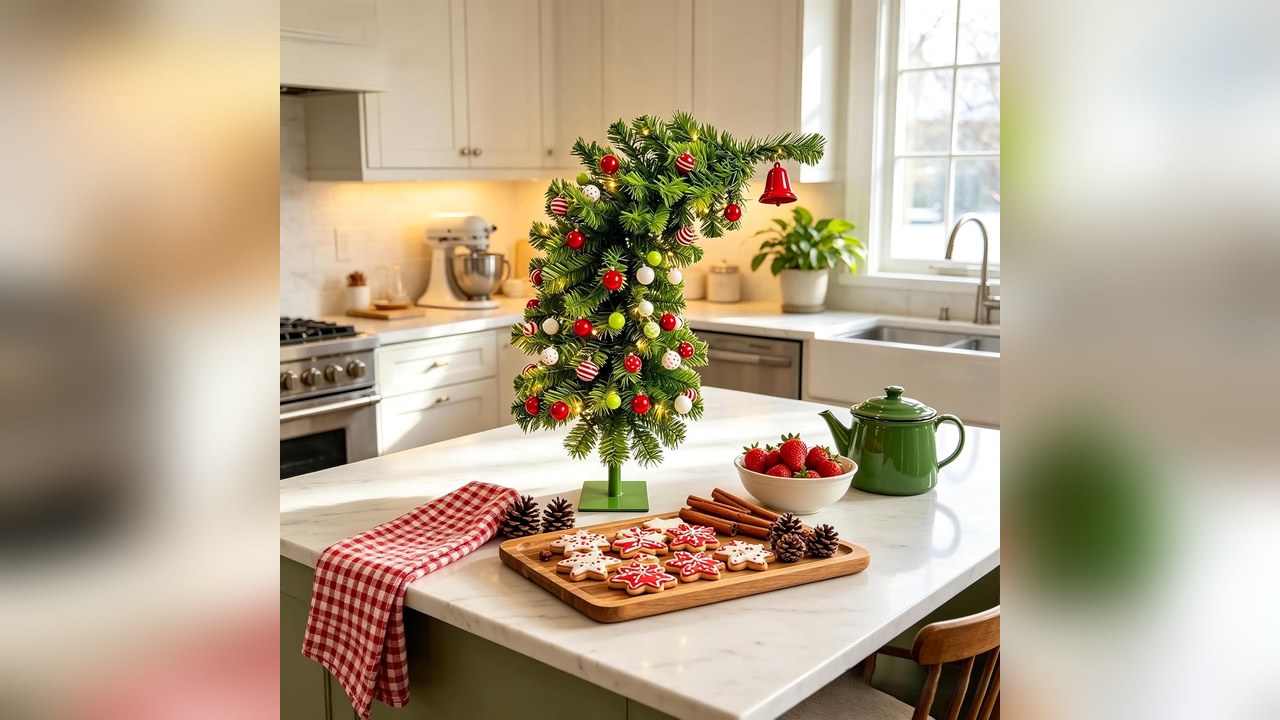 Pre-lit bendy Grinch mini tree with red ornaments on a kitchen island