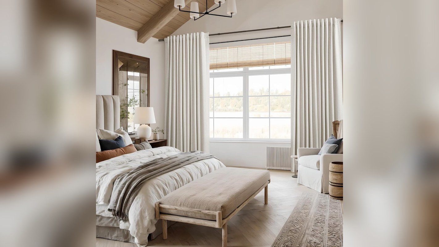 Cream blackout curtains framing the windows in a guest bedroom