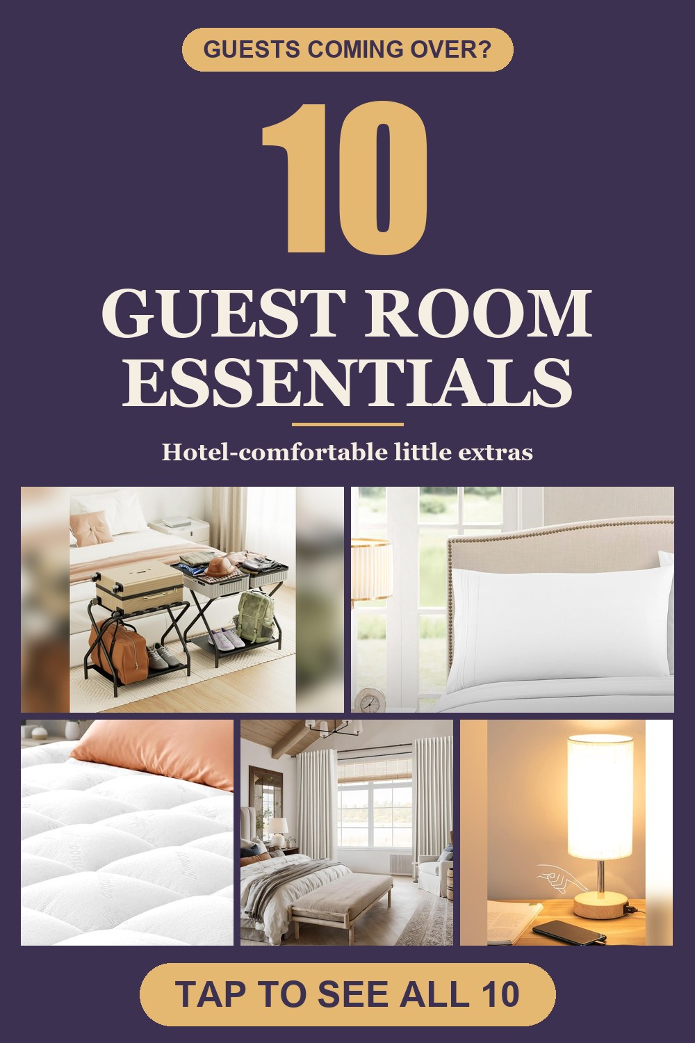 10 guest room essentials pin with 5 photos of products from the post