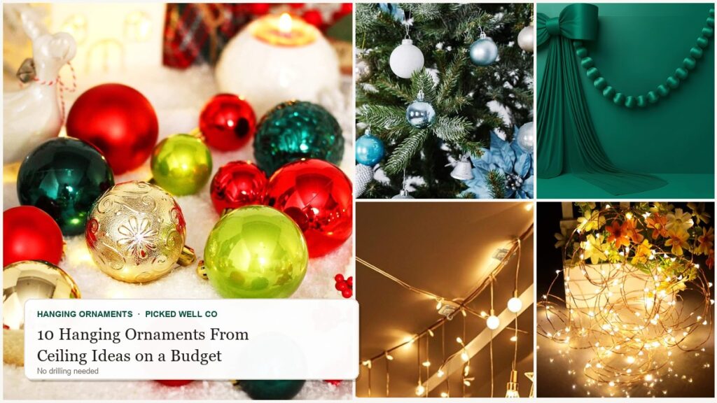 Collage of 10 hanging ornaments from ceiling ideas: shatterproof ball ornaments, ornaments on clear line, ceiling hooks with lights and fairy lights
