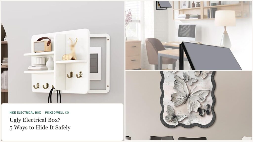 Collage of ways to hide an electrical box: white shelf cabinet, hinged art frame and magnetic cover