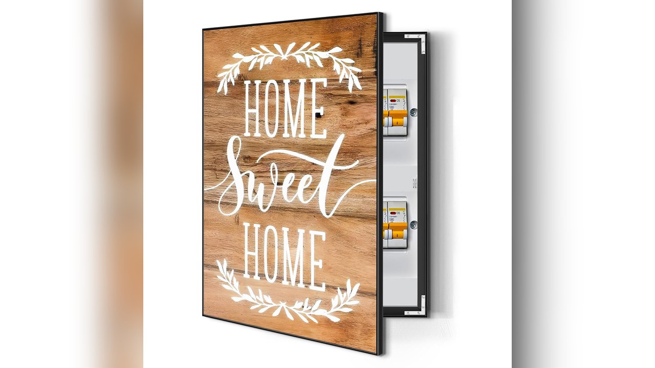 Home sweet home wood-look breaker box cover hinged open to show a small panel behind it