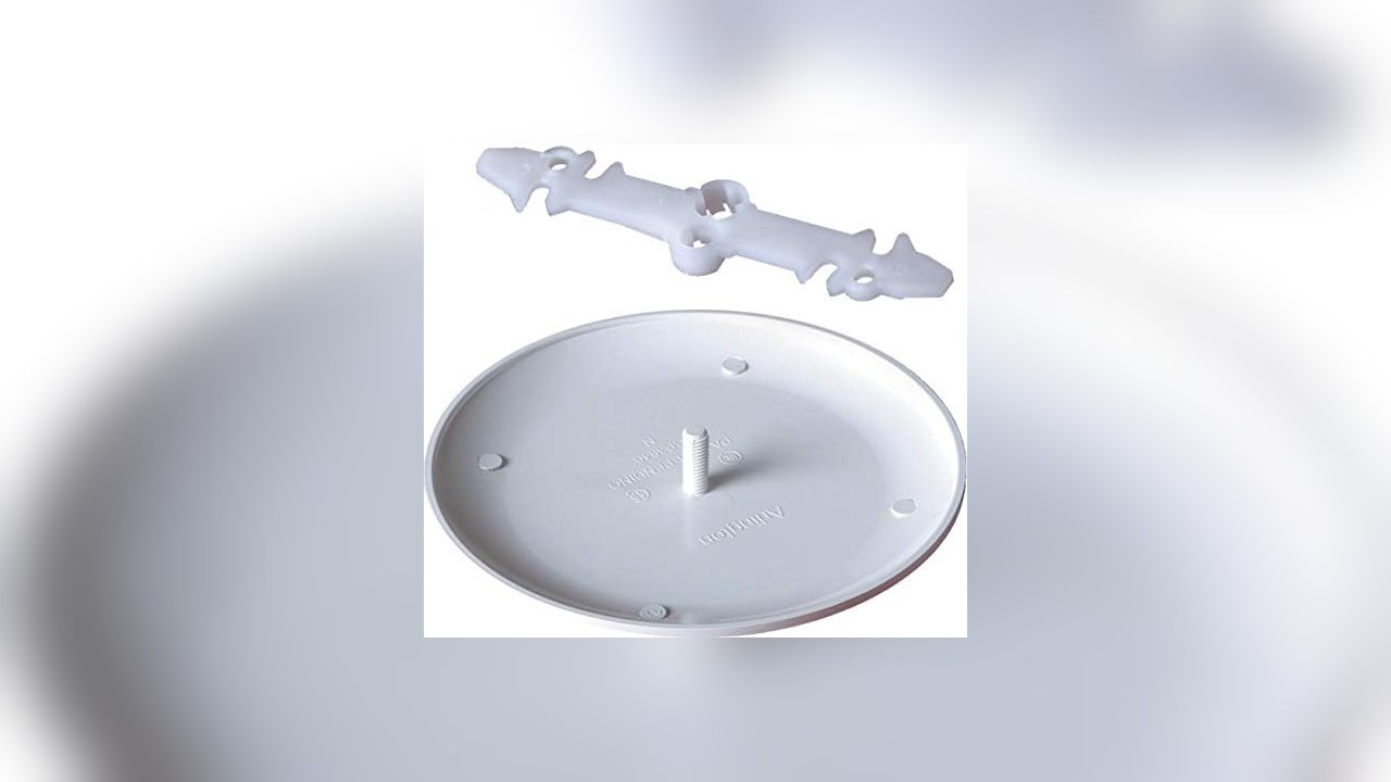 White round ceiling box cover plate with a mounting bracket and a center screw
