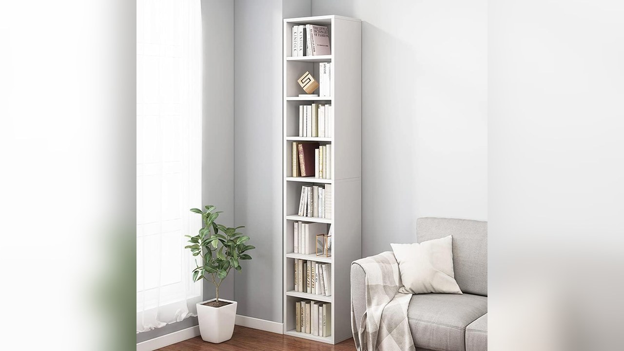 IOTXY narrow white corner bookcase beside sofa