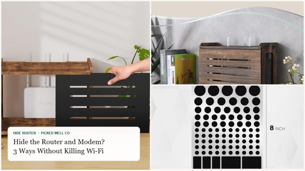 Collage of router hiding picks: a wooden router hider, a wall mount router box and LED dimming stickers