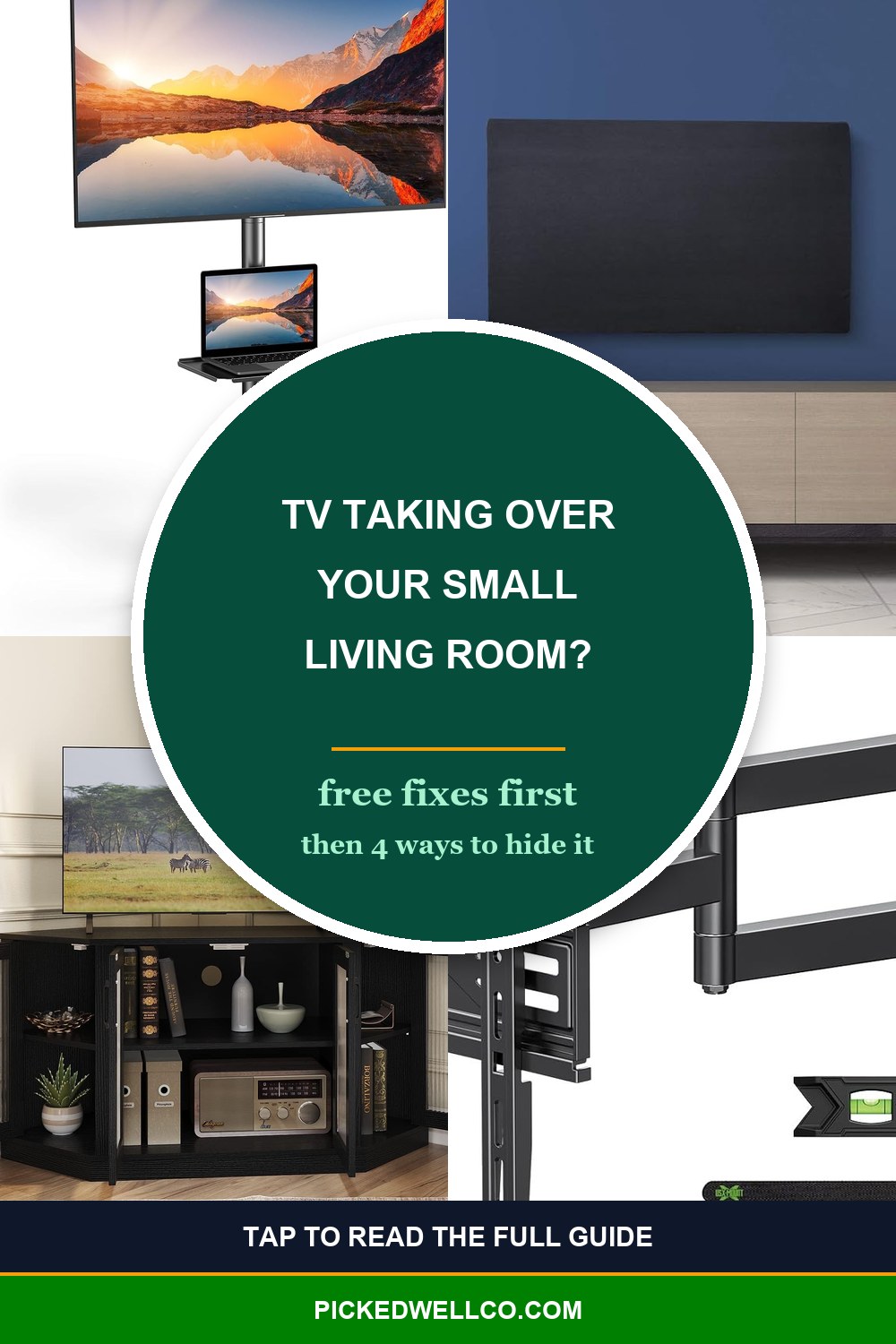 How to hide TV in a small living room: Pinterest pin with free fixes and product picks