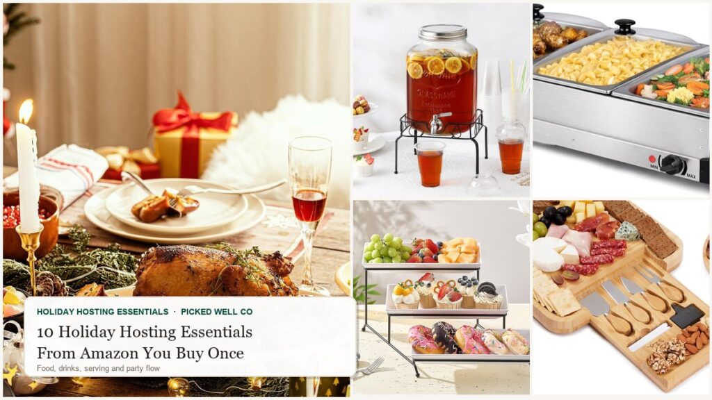 Collage of holiday hosting essentials: serving platter with turkey, drink dispenser, tiered serving stand, buffet warmer and cheese board