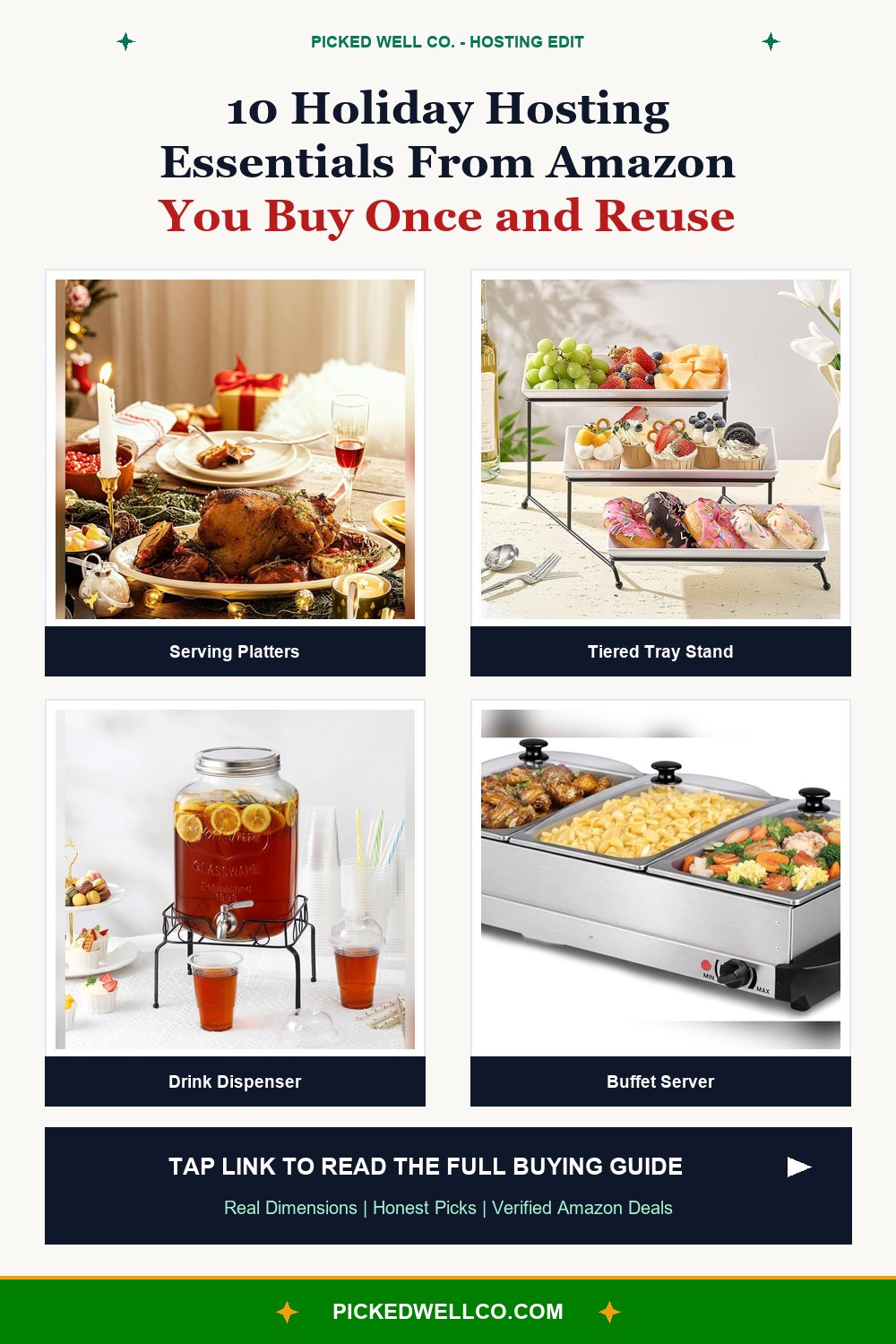 holiday hosting essentials pin showing serving platters, tiered tray stand, drink dispenser and buffet server