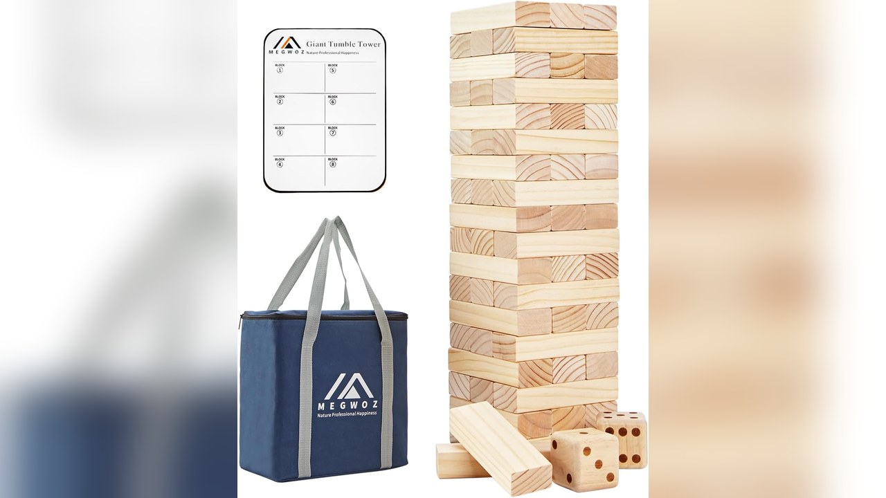 Giant wooden tumble tower game set up on a patio
