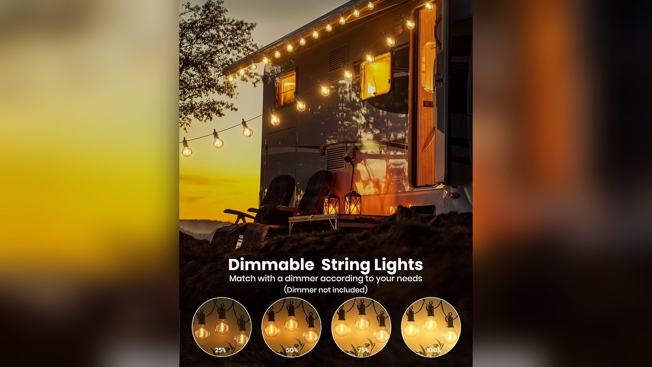 Globe string lights glowing over a patio at dusk