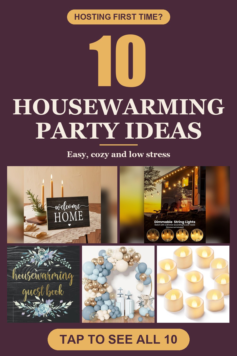 10 housewarming party ideas pin with 5 photos of products from the post