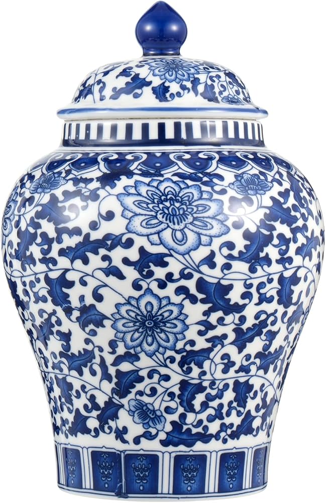 blue and white ceramic ginger jar with lid, 7.87 inch