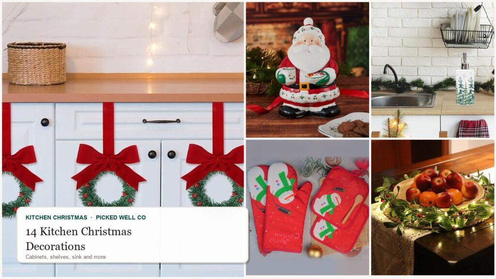 Collage of kitchen Christmas decorations: cabinet wreaths, Santa cookie jar, snowman oven mitts and a Christmas tree soap dispenser