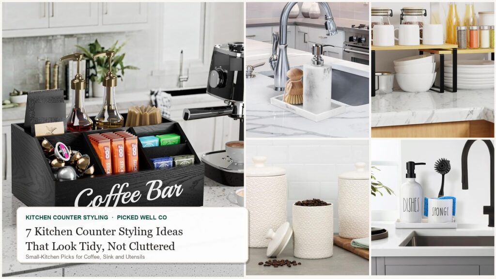 Collage of kitchen counter styling ideas: coffee station organizer, marble-look tray, counter risers and soap dispenser set