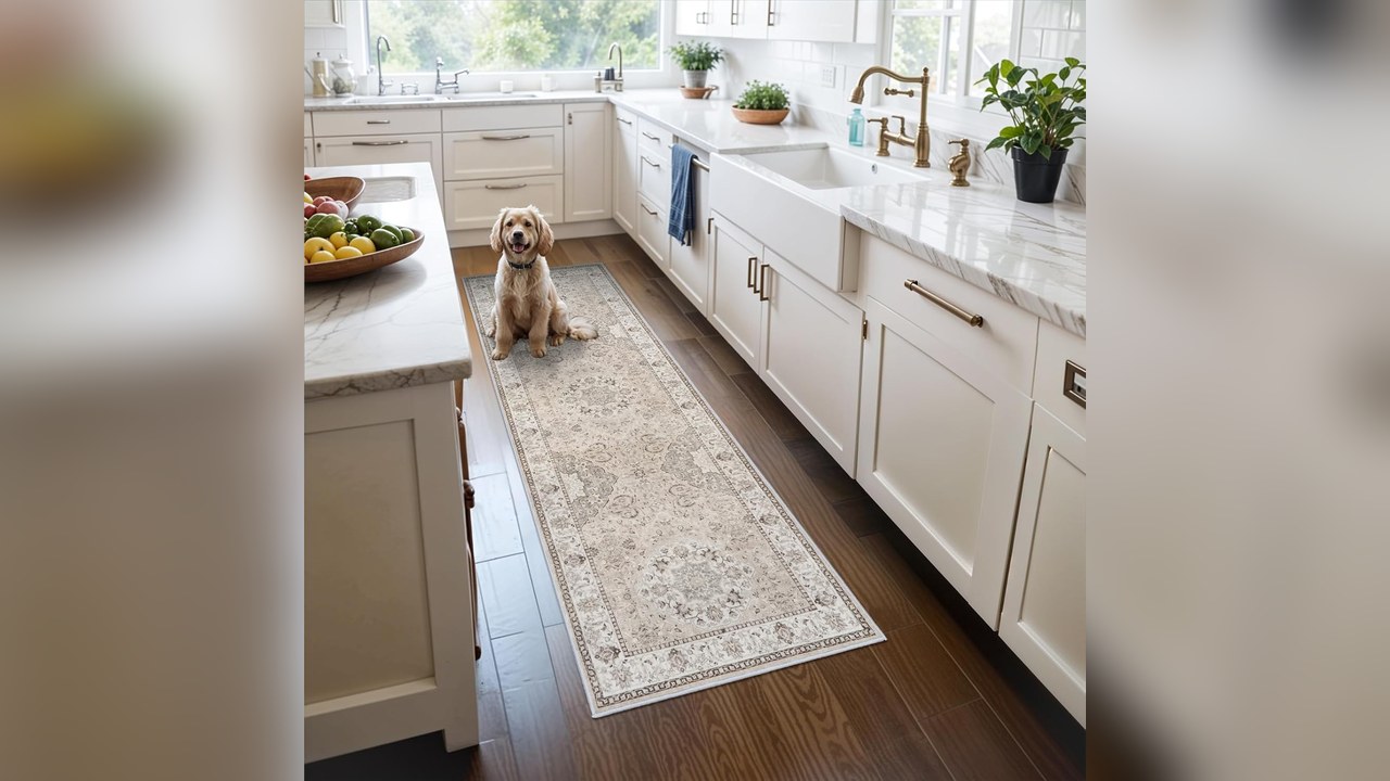 Washable runner rug on a kitchen floor in front of the sink