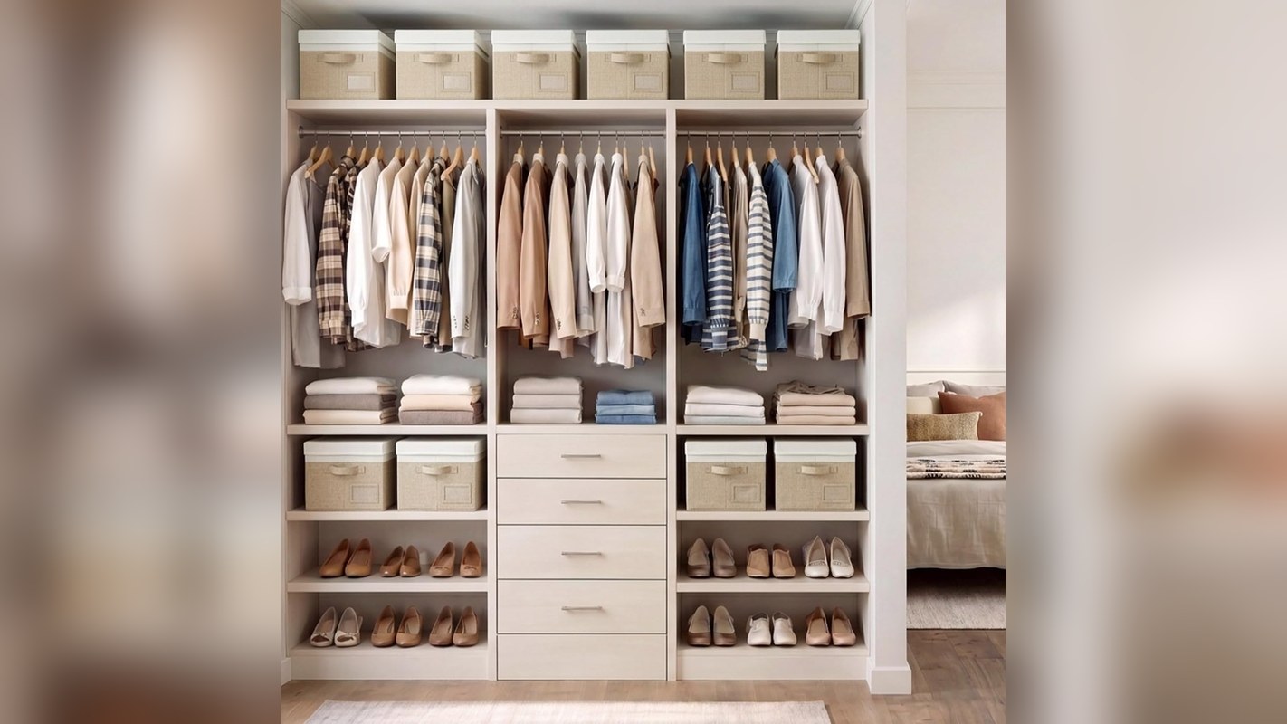 Beige lidded fabric storage bins with label windows on closet shelves holding spare towels and bedding