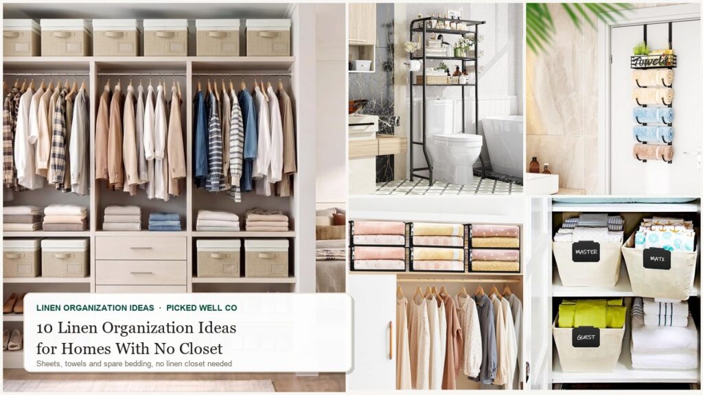 Collage of linen organization ideas for homes with no closet: lidded fabric bins, over-the-toilet shelf, sheet storage bags, over-the-door towel rack and labeled baskets