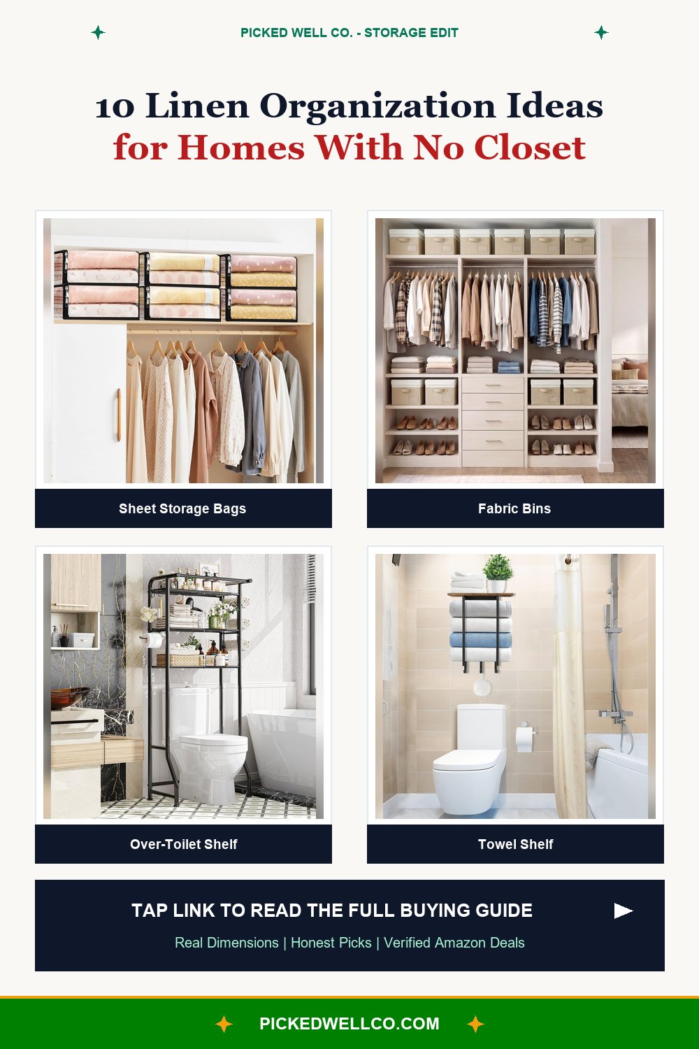 linen organization ideas pin showing sheet storage bags, fabric bins, over-toilet shelf and towel shelf