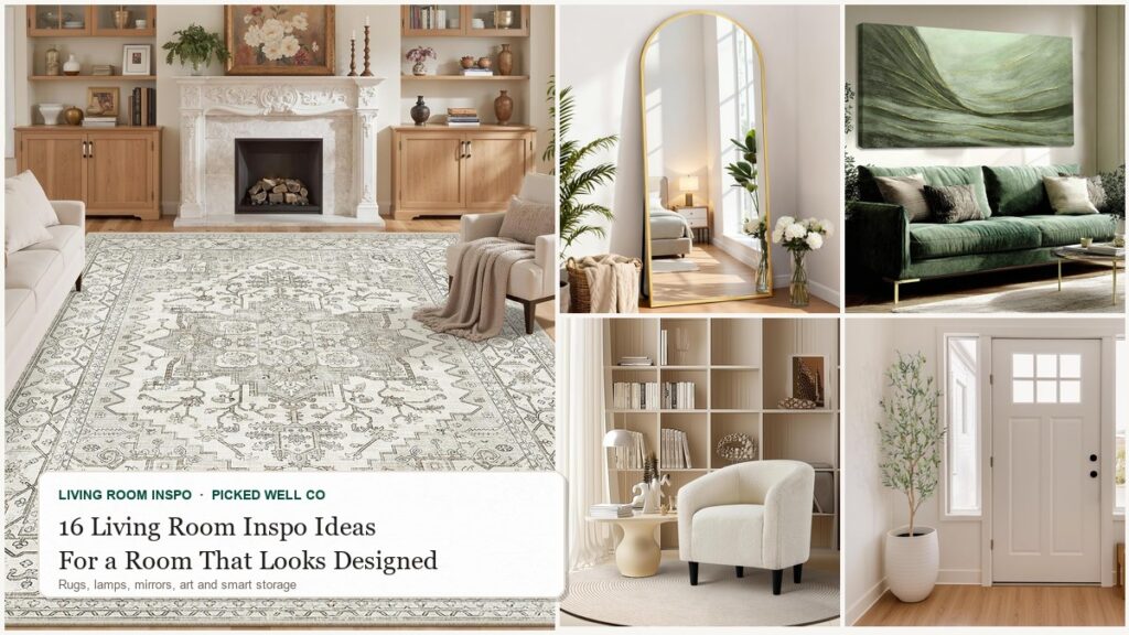 Collage of 16 living room inspo ideas: a washable rug, arched mirror, abstract art, barrel chair and tall faux olive tree