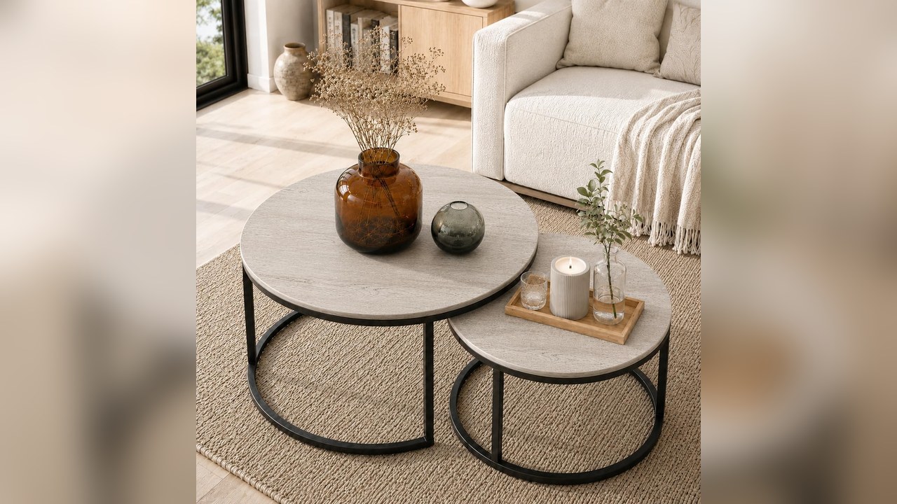 Round nesting coffee tables in a small living room