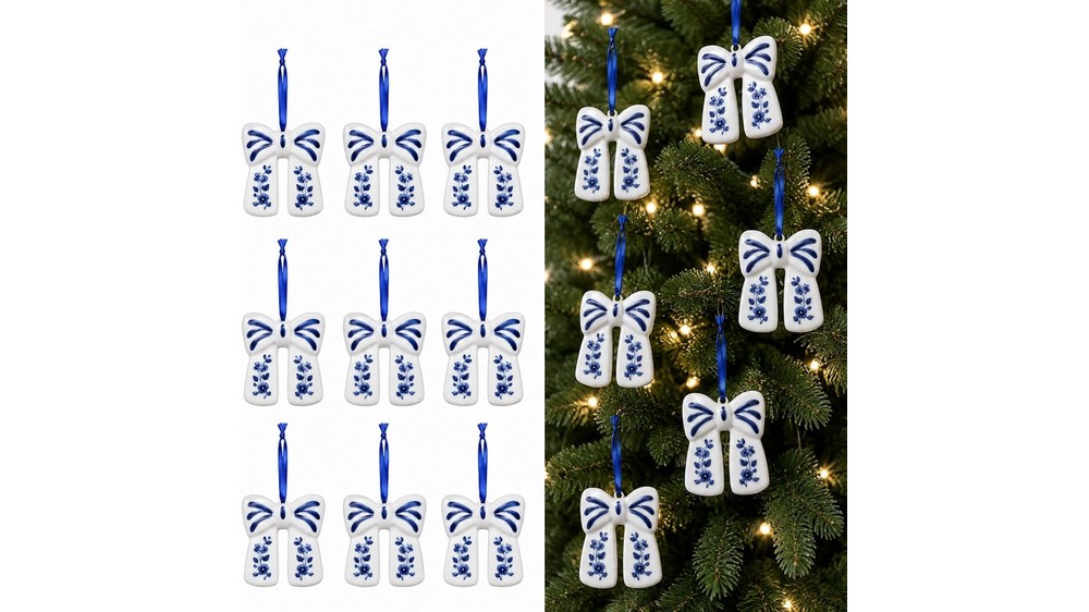 set of 9 blue and white porcelain chinoiserie bow ornaments