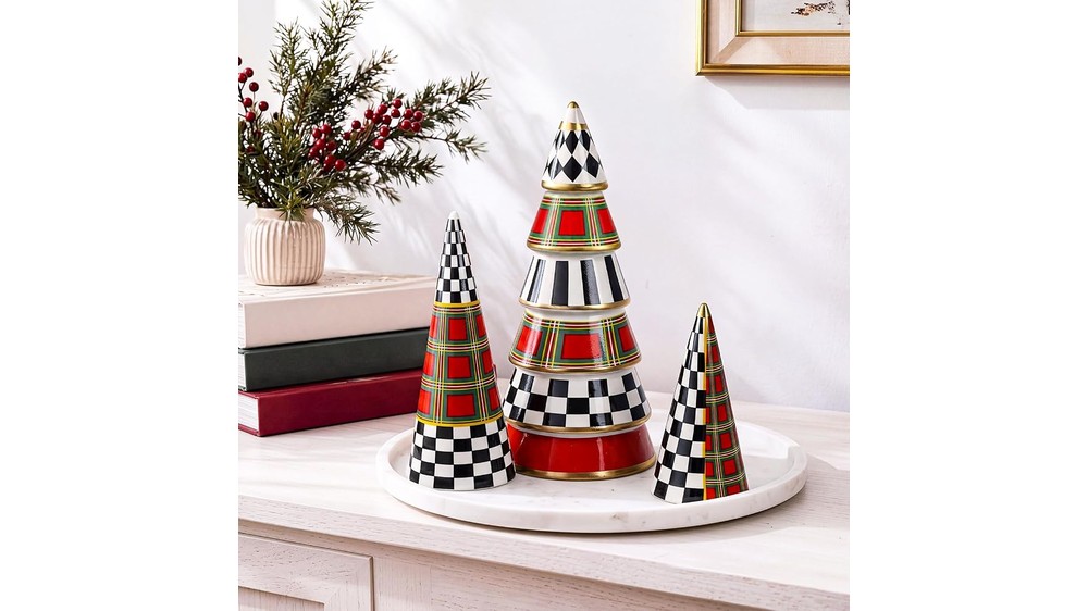 set of 3 red tartan ceramic Christmas trees in graduated heights