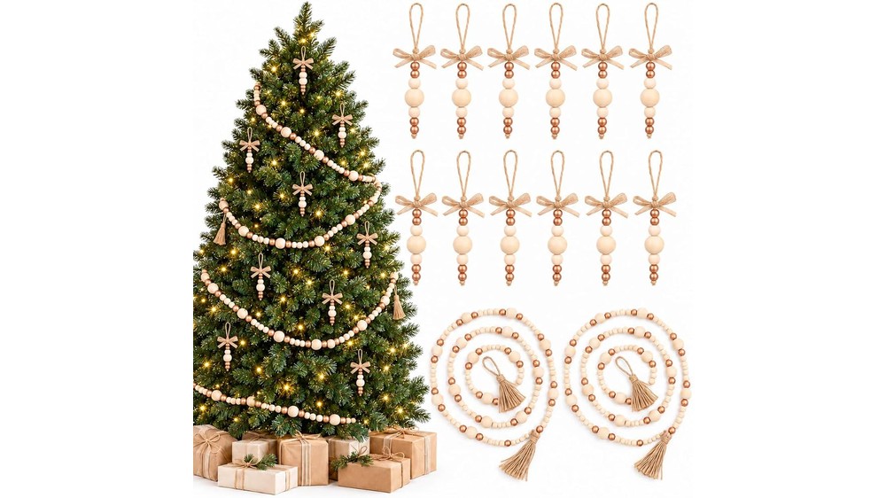 wooden bead garland and ornament set, 14 pieces, boho style