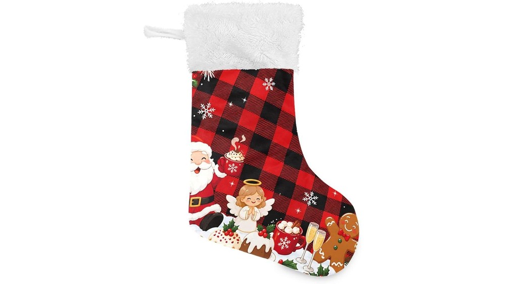 Buffalo plaid Santa Claus Christmas stocking with white plush cuff