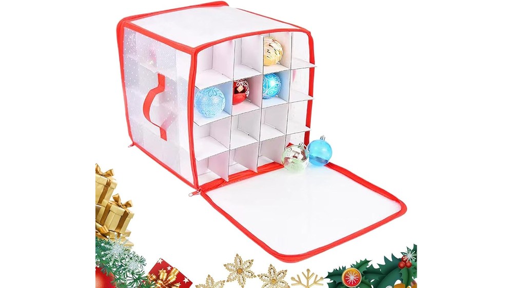 Christmas 64 grid zippered ornament storage box with handle