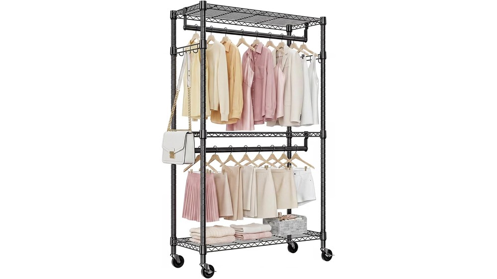 Black Rolling Wardrobe, Freestanding Portable Closet Organizer, Heavy Duty Clothing Rack with Wheels