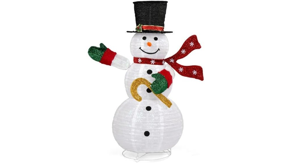 Four foot pop up lighted snowman beside a front door