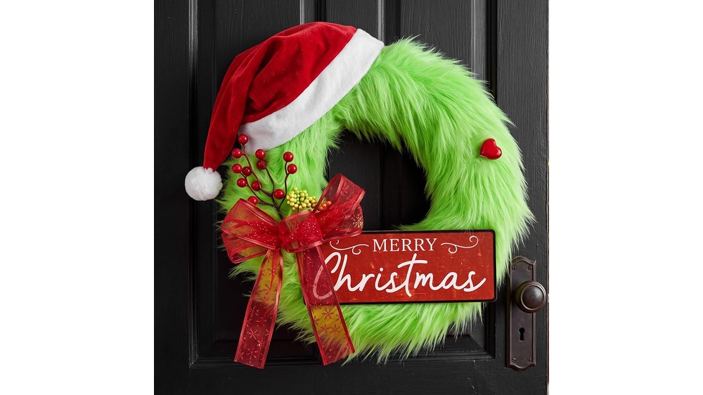 18 inch lime green faux fur Christmas wreath with red bow and Santa hat