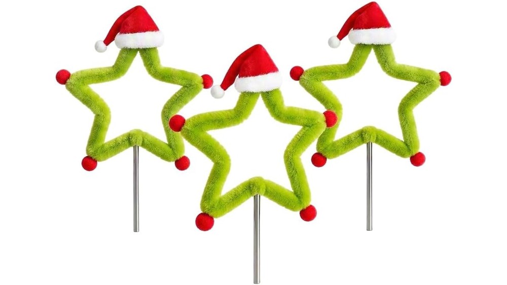 Grinch plush Christmas star tree topper with Santa hat