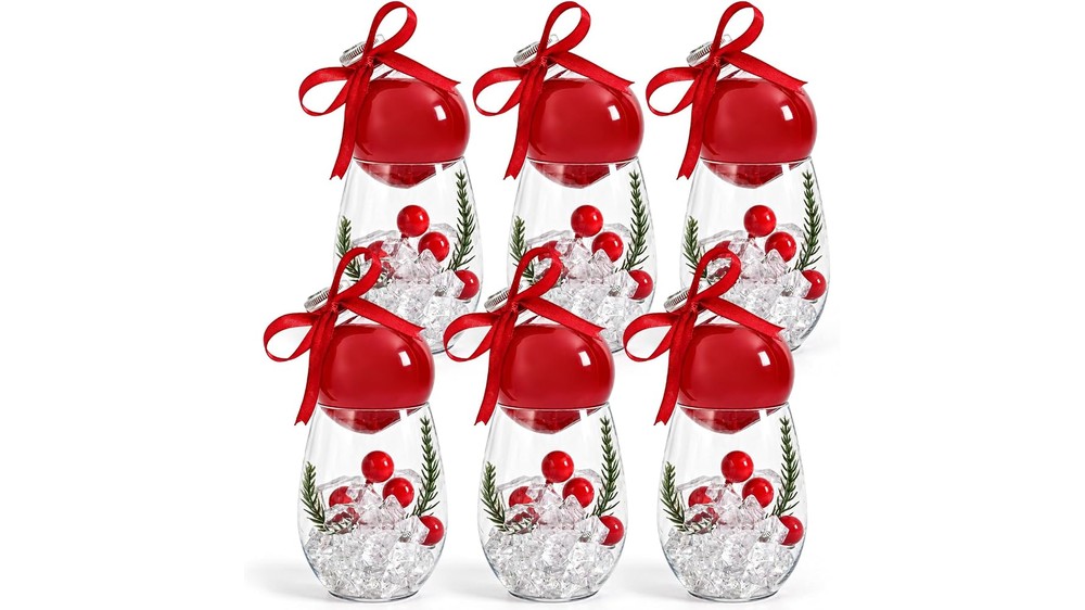 6 set Christmas drink ball stemless wine cups with red bows