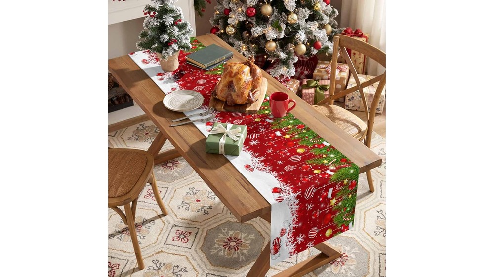 winter snowflakes red Christmas balls table runner 13x72