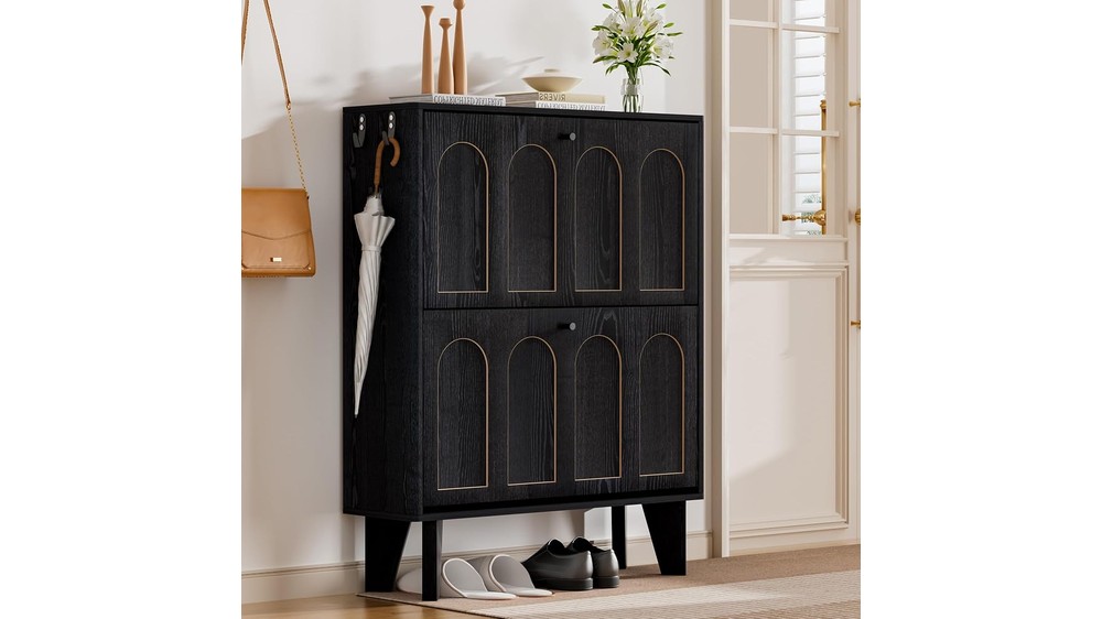 31.5" Narrow Shoe Storage Cabinet with 2 Flip Drawers, Black