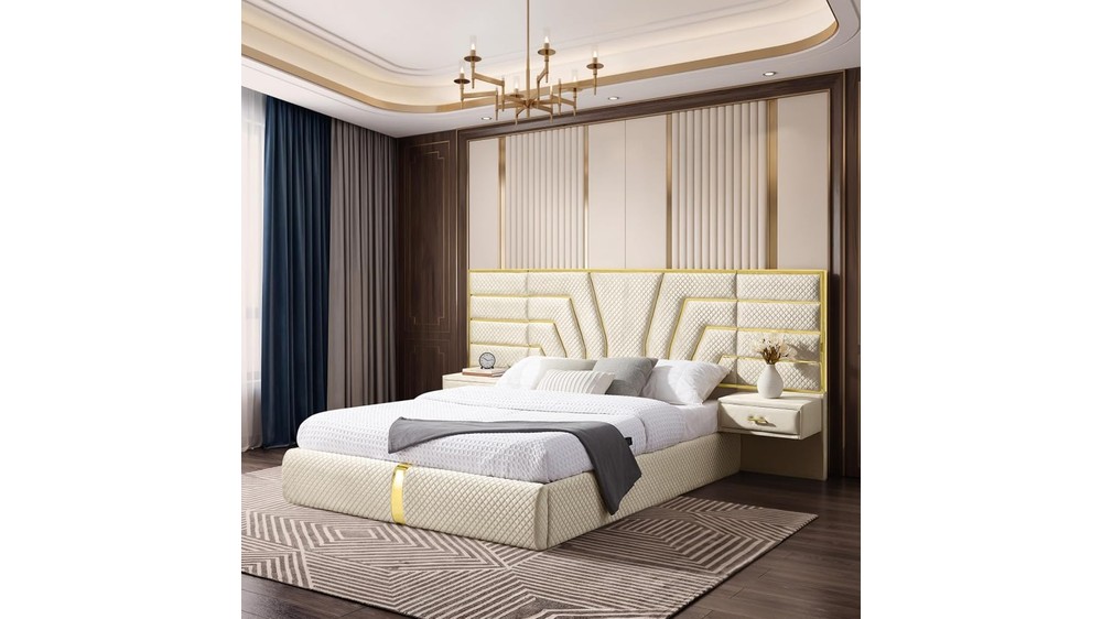 Queen Size Platform Bed with 2 Bedside Storage Drawers, Beige