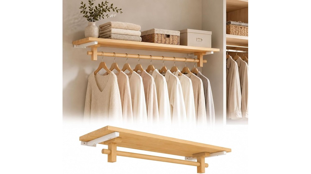 Adjustable Wall-Mounted Clothes Rack with Shelf, 24-55 Inch Closet Organizer and Hanging Rod