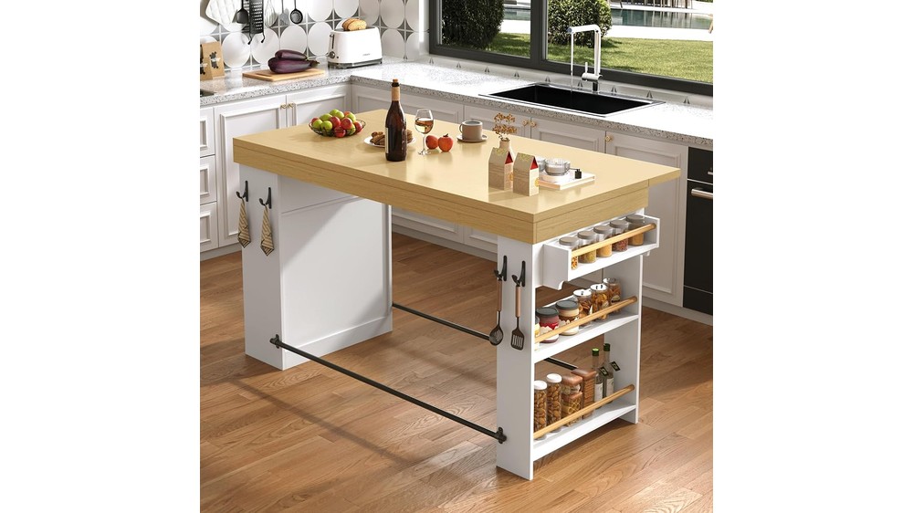59.06" Counter Bar Table with Drop Leaf and Metal Footrest, White