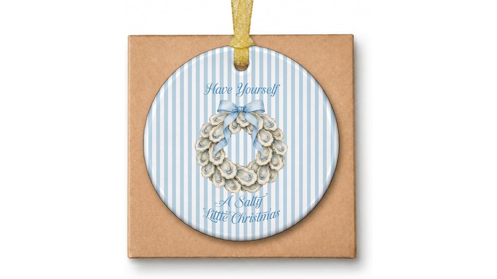 Blue coastal oyster shell wreath ceramic ornament, double sided